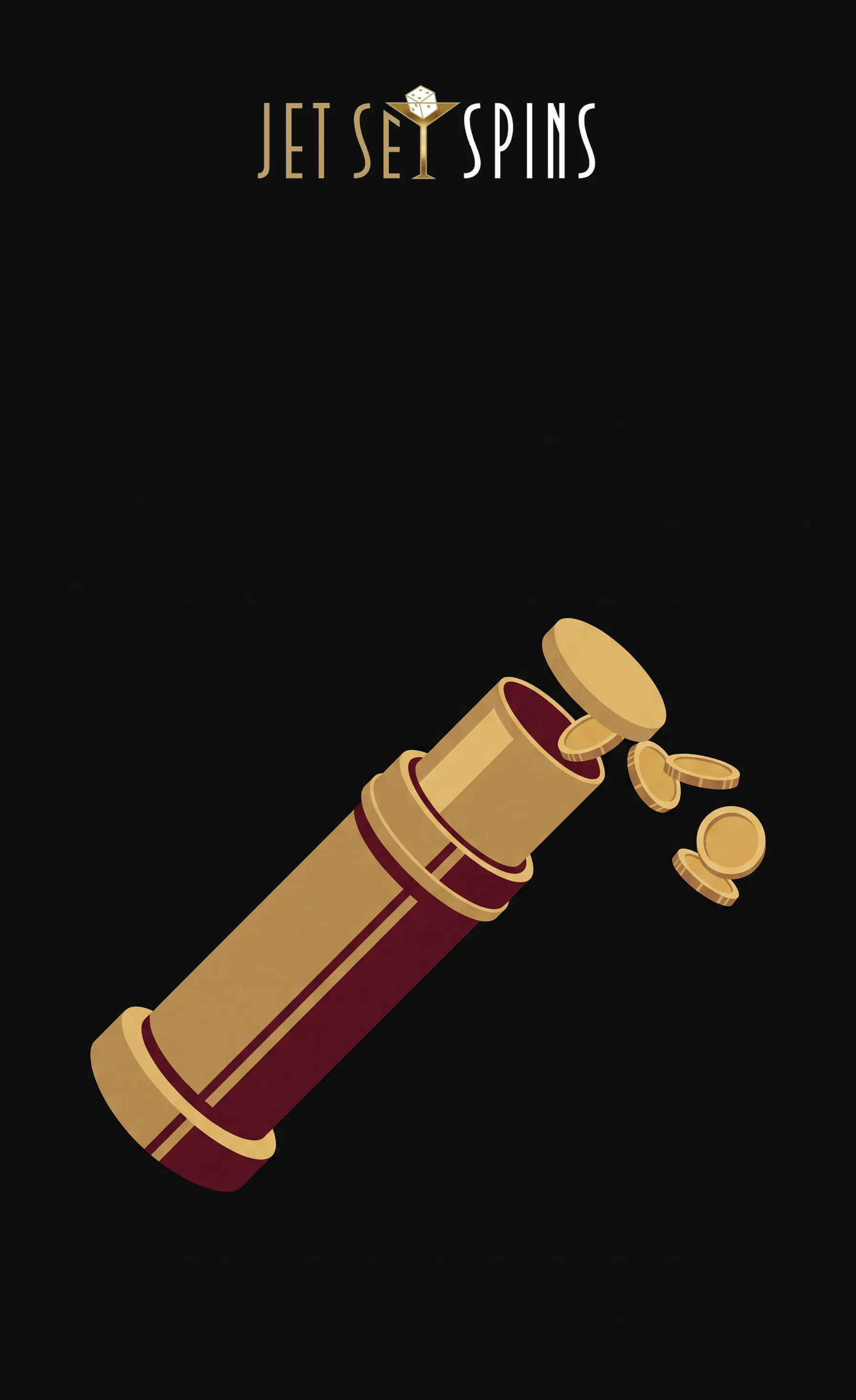 A gold and burgundy telescope with coins and the Jet Set Spins wordmark
