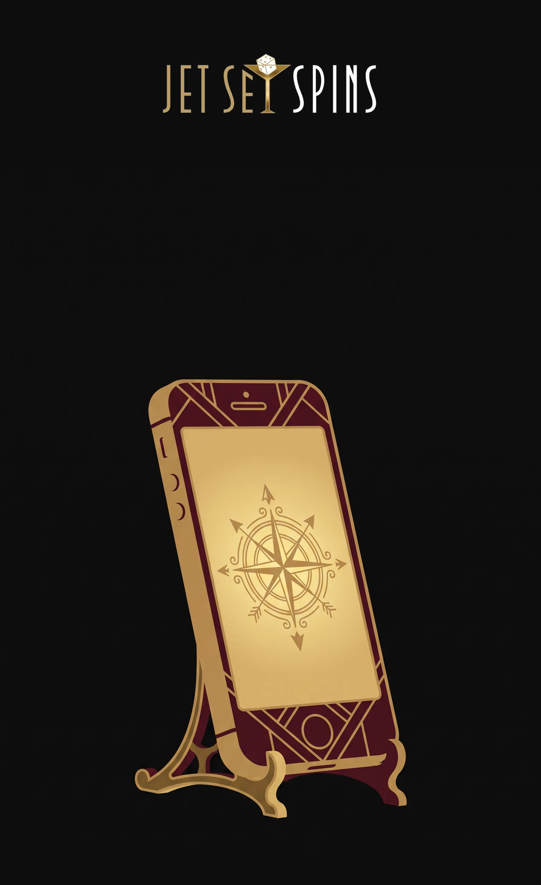A gold and burgundy mobile phone with a compass and the Jet Set Spins wordmark